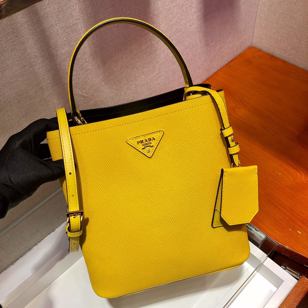 Prada Medium Panier Saffiano Leather Bag Lemon Yellow/Black 1BA212